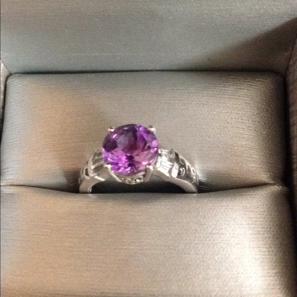 Rose De France Amethyst SS CZ baguettes Sz 7 Ring